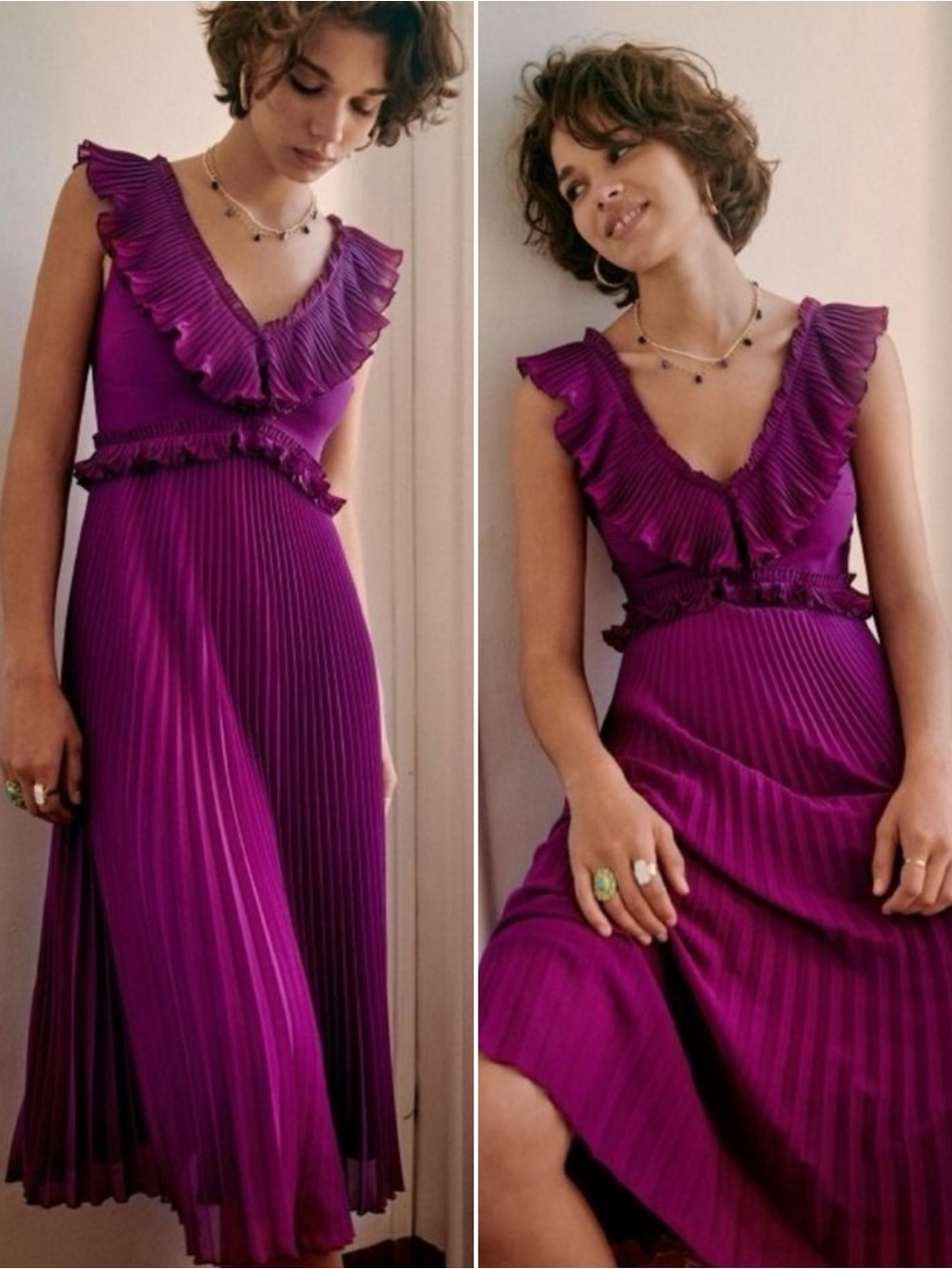Sezane Rachael Pleated Midi Dress Purple Magenta Ruffle Silk Blend 38 US 6